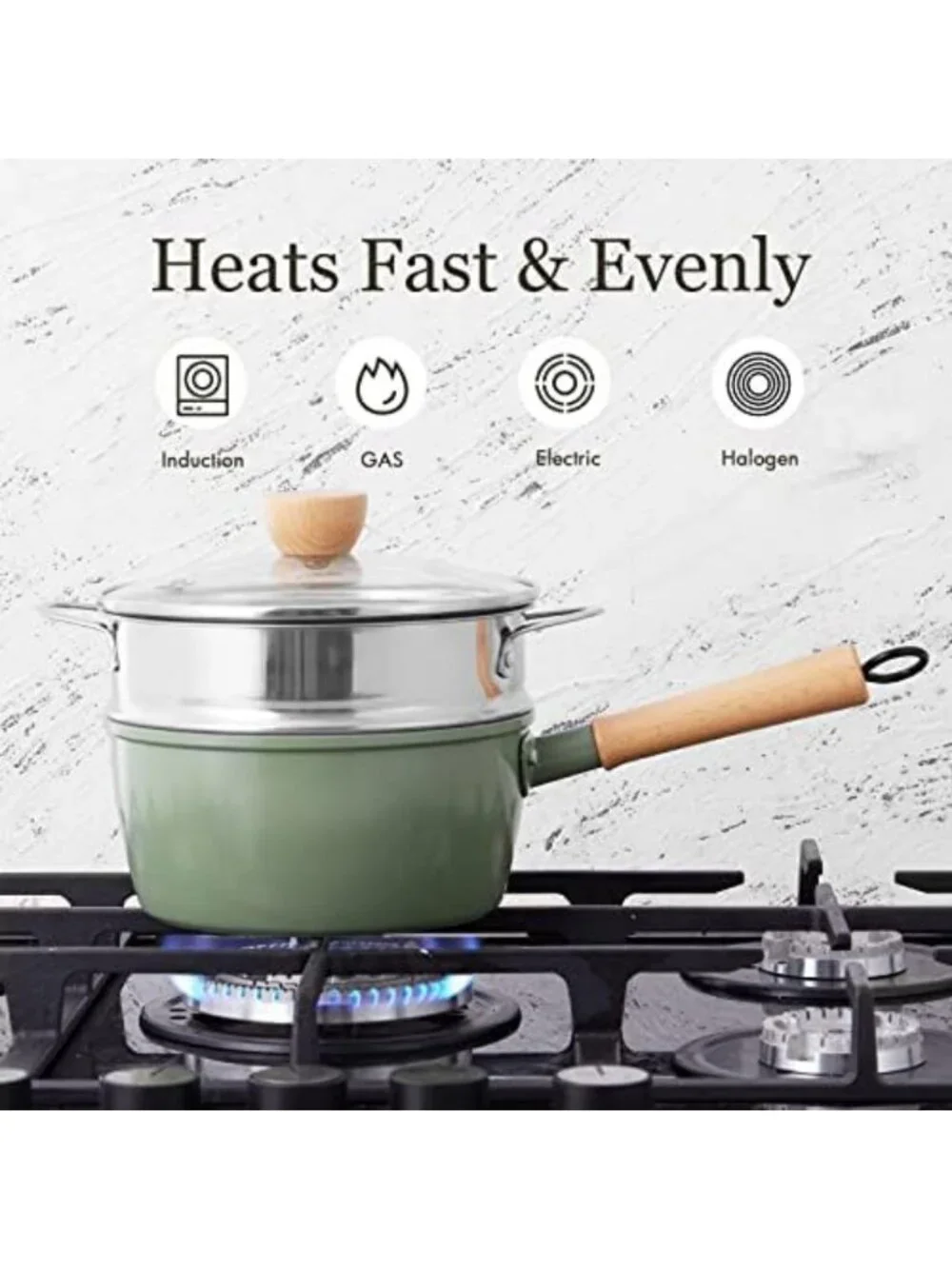 Ceramic Nonstick 2 Quart Saucepan with Lid & Steamer, Cool Touch Wooden Handle